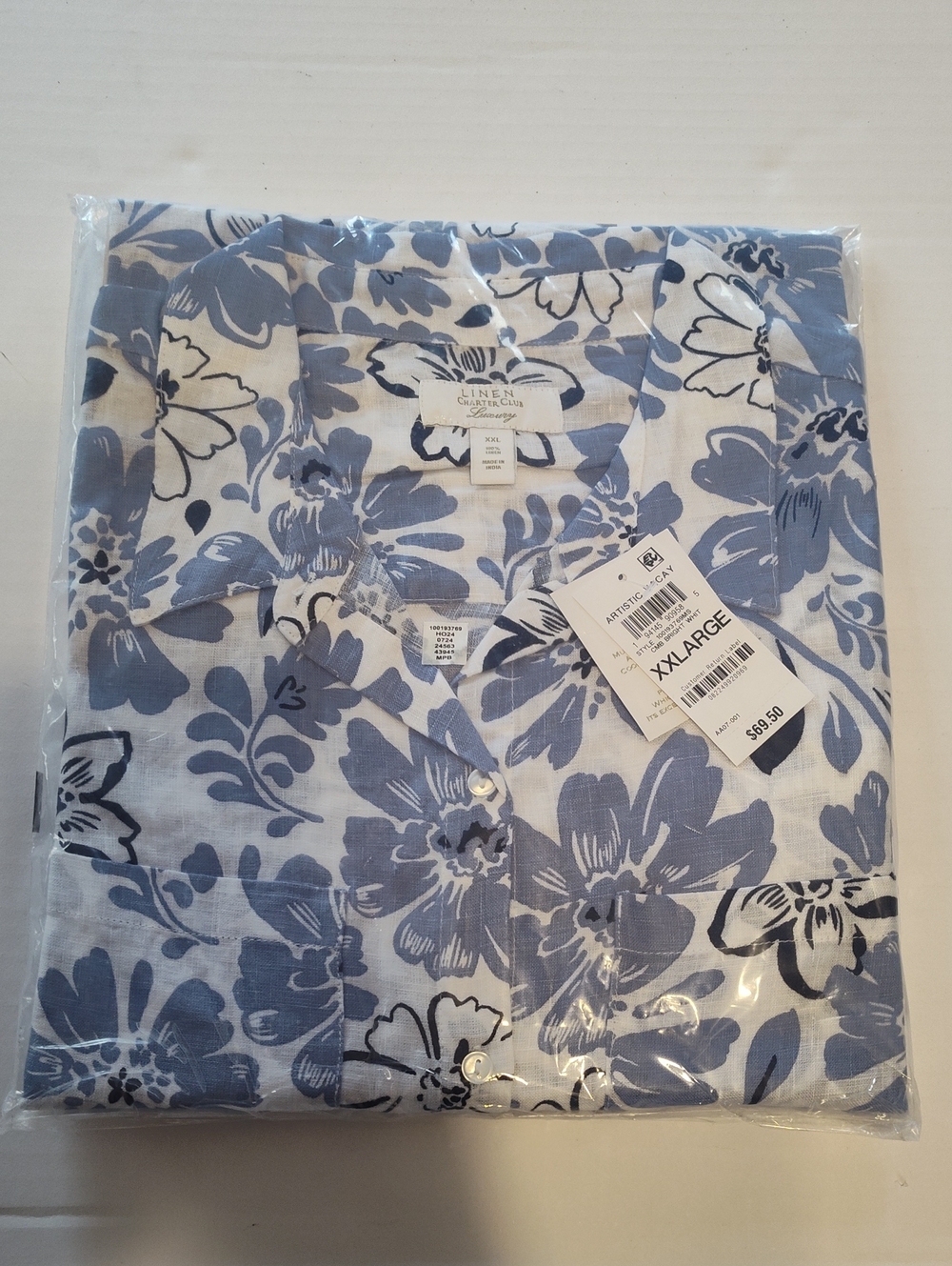 NWT Charter Club Luxury 100% Linen Floral Button Down Shirt XXL Blue White